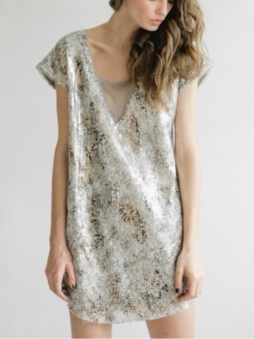 Free People Shattered Glass metallic glitter sheer neck mini dress size medium